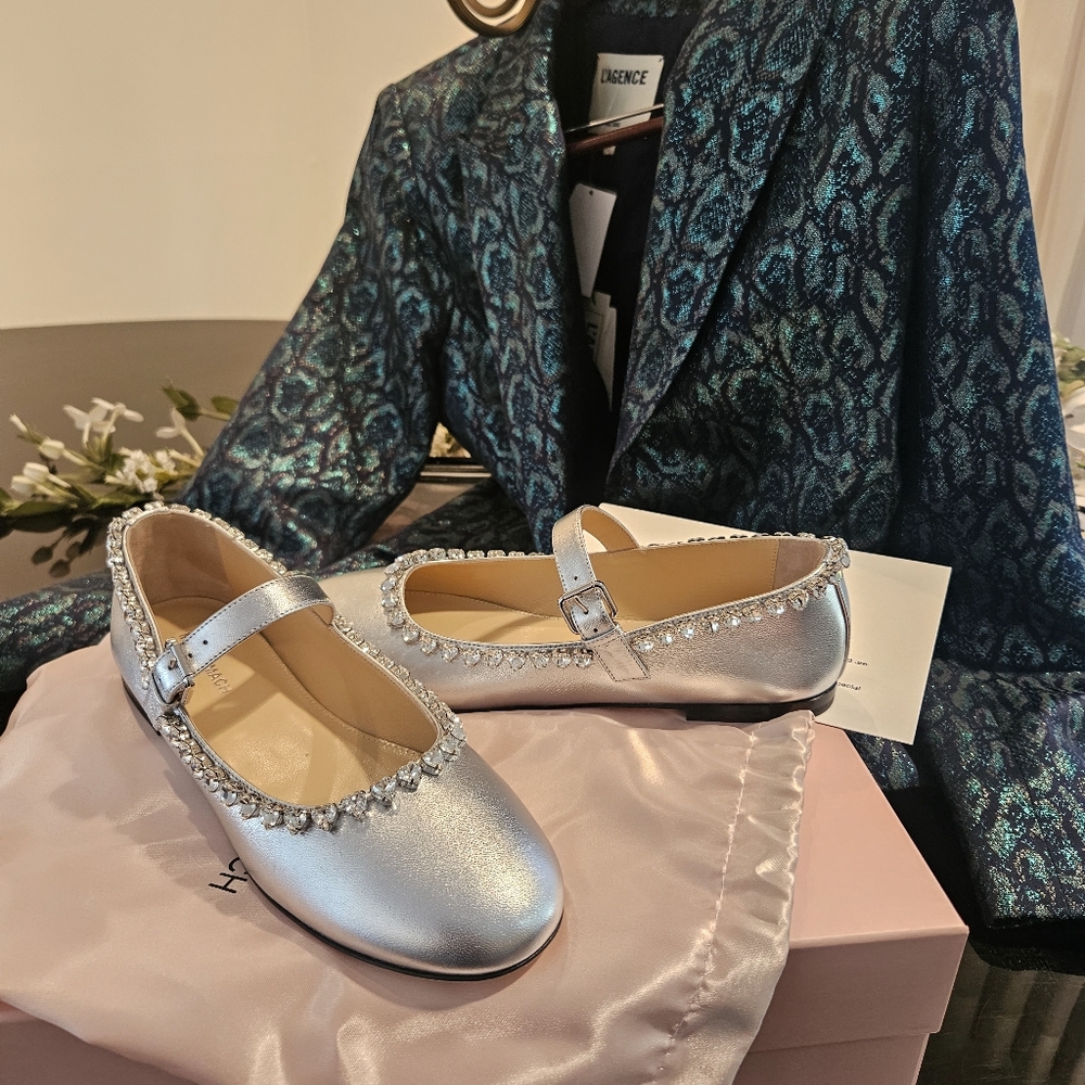 MACH &MACH SILVER METALLIC FLATS MEETS L"AGENCE TEAL MULTI-LEOPARD BLAZER